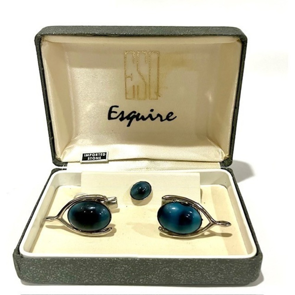 Vintage Esquire Men's Cufflinks & Tie Tack with Blue Cabochon Stone